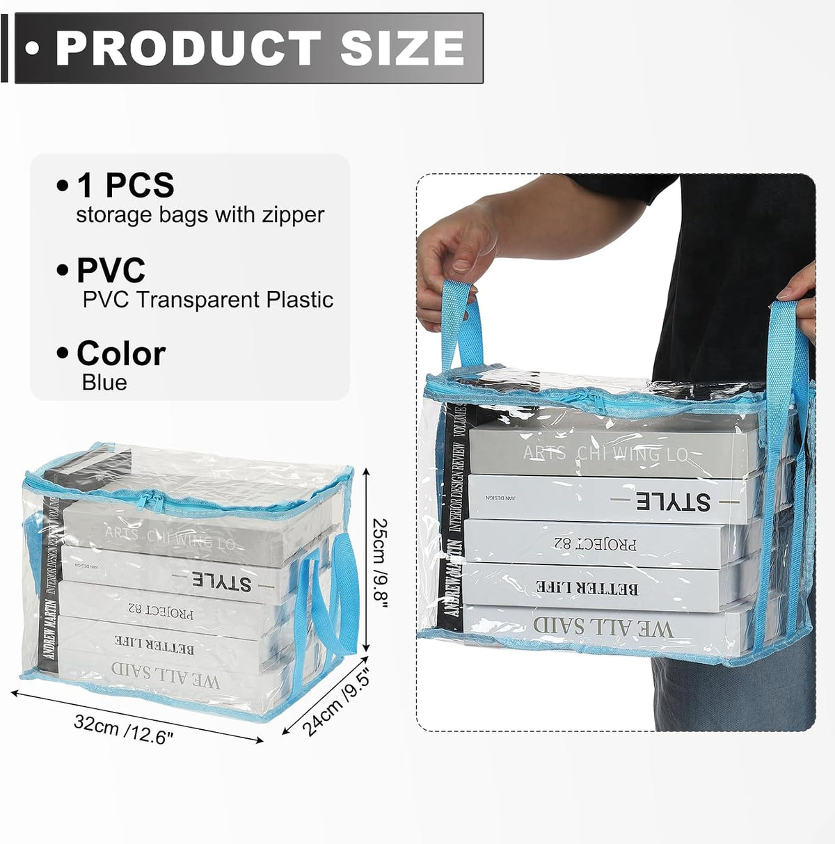 15x9.5x12.6in Clear Storage Bags, Plastic Storage Bags Clear Small Zippered Organizers Foldable Closet Bed Sheet Organizer Cube with Zipper Handles for Book Clothes Yarn,L, Blue