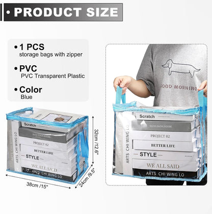 15x9.5x12.6in Clear Storage Bags, Plastic Storage Bags Clear Small Zippered Organizers Foldable Closet Bed Sheet Organizer Cube with Zipper Handles for Book Clothes Yarn,L, Blue
