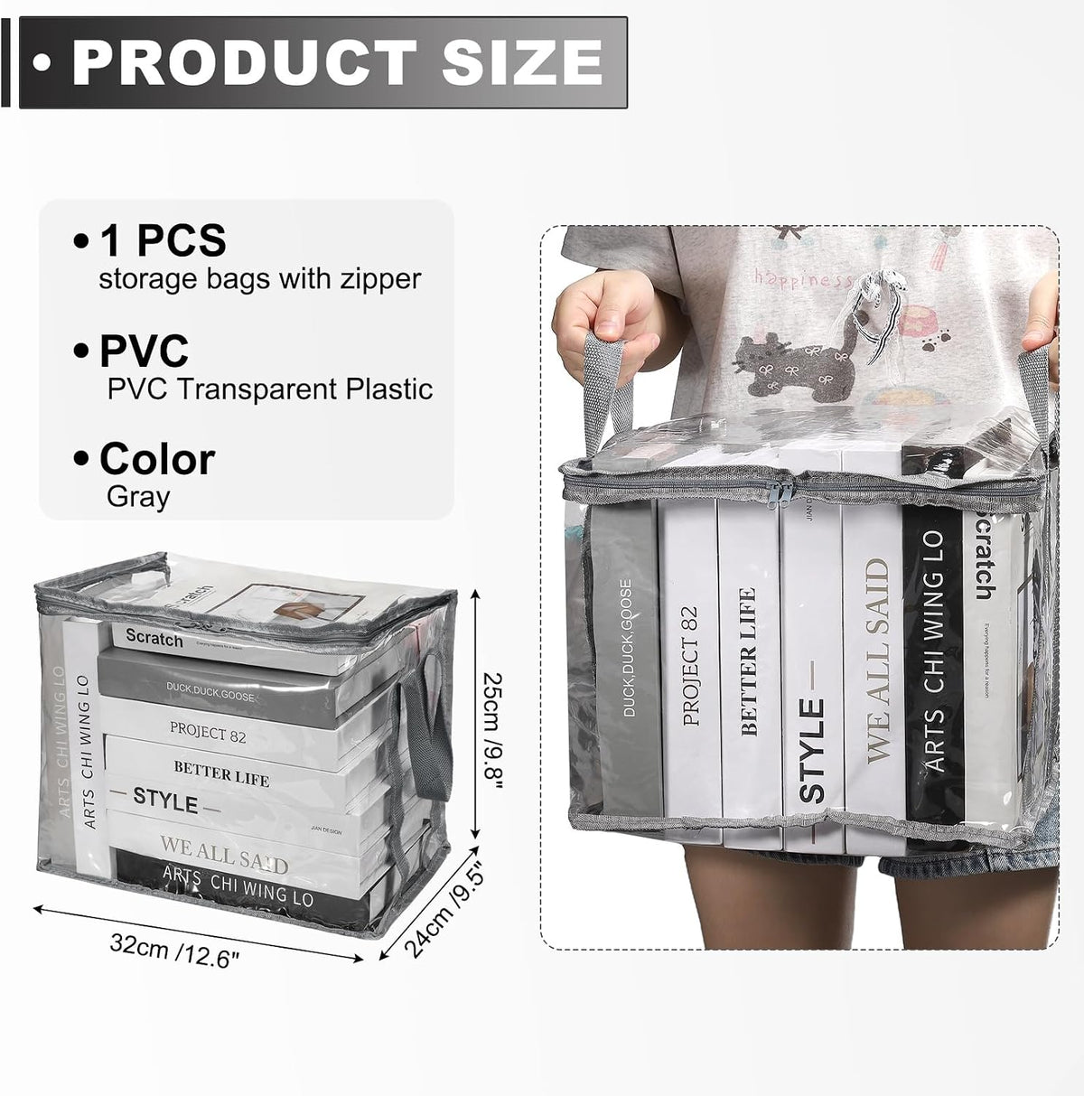 15x9.5x12.6in Clear Storage Bags, Plastic Storage Bags Clear Small Zippered Organizers Foldable Closet Bed Sheet Organizer Cube with Zipper Handles for Book Clothes Yarn,L, Blue