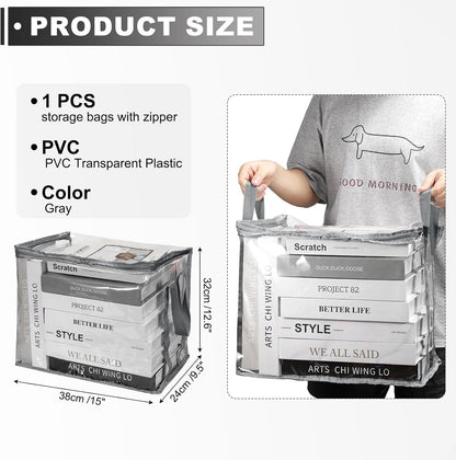 15x9.5x12.6in Clear Storage Bags, Plastic Storage Bags Clear Small Zippered Organizers Foldable Closet Bed Sheet Organizer Cube with Zipper Handles for Book Clothes Yarn,L, Blue