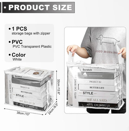 15x9.5x12.6in Clear Storage Bags, Plastic Storage Bags Clear Small Zippered Organizers Foldable Closet Bed Sheet Organizer Cube with Zipper Handles for Book Clothes Yarn,L, Blue