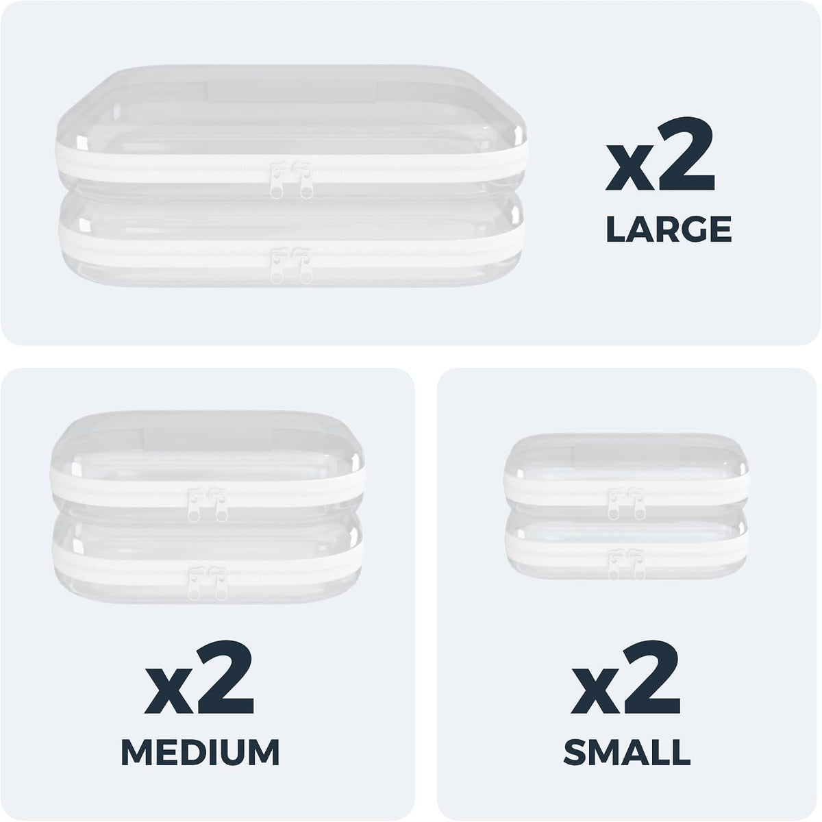 Extra Large 13.7" Heavy Duty Clear Hard Shell Zipper Case 6 Pack, 2x Large, 2x Medium, 2x Small, Clear Travel Makeup Case, Hard Plastic Travel Toiletry & Cosmetic Bag, Toy & Make Up Organizer Pouch