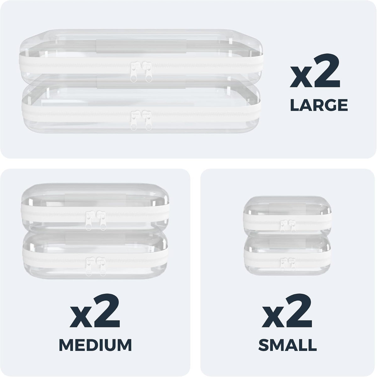 Extra Large 13.7" Heavy Duty Clear Hard Shell Zipper Case 6 Pack, 2x Large, 2x Medium, 2x Small, Clear Travel Makeup Case, Hard Plastic Travel Toiletry & Cosmetic Bag, Toy & Make Up Organizer Pouch