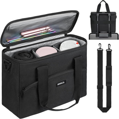 Reusable 3 Cup Insulated Drink Carrier with Handle | Collapsible beverage bag, no-spill base, adjustable divider, luggage strap, portable caddy for delivery, car, travel
