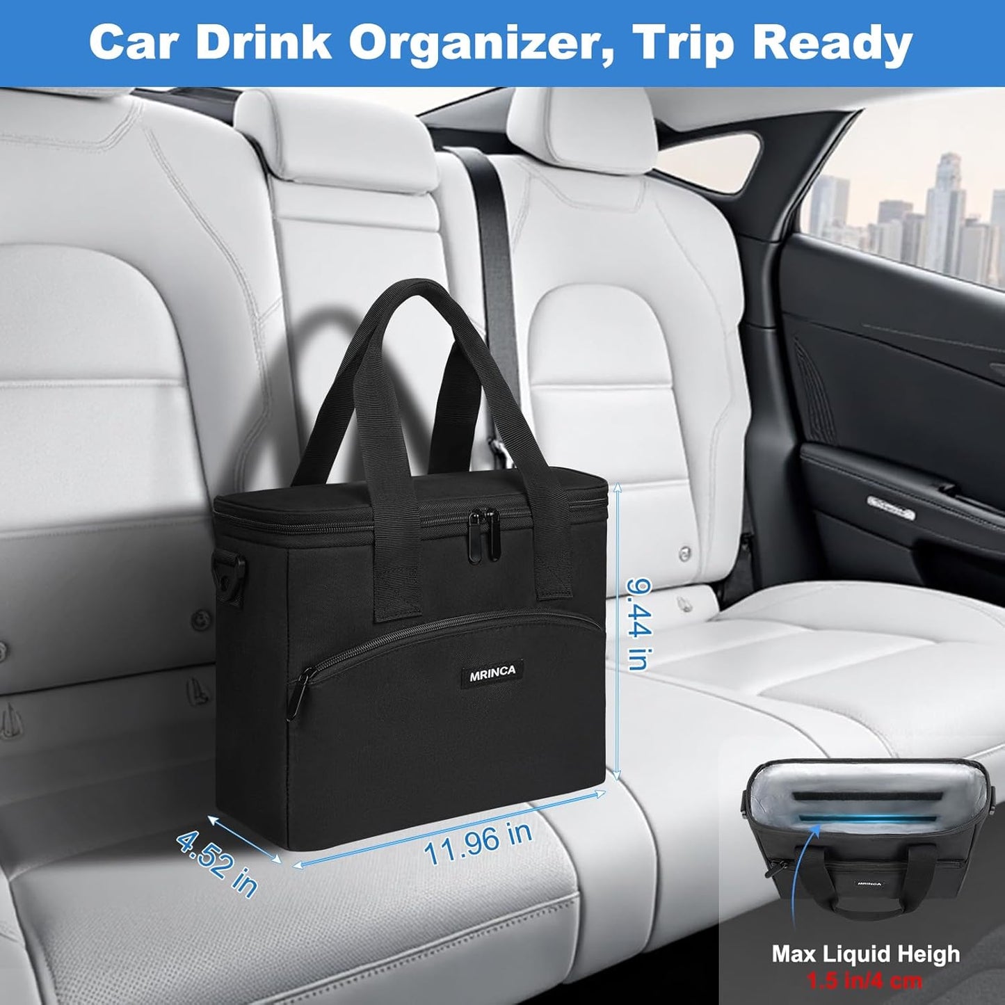 Reusable 3 Cup Insulated Drink Carrier with Handle | Collapsible beverage bag, no-spill base, adjustable divider, luggage strap, portable caddy for delivery, car, travel