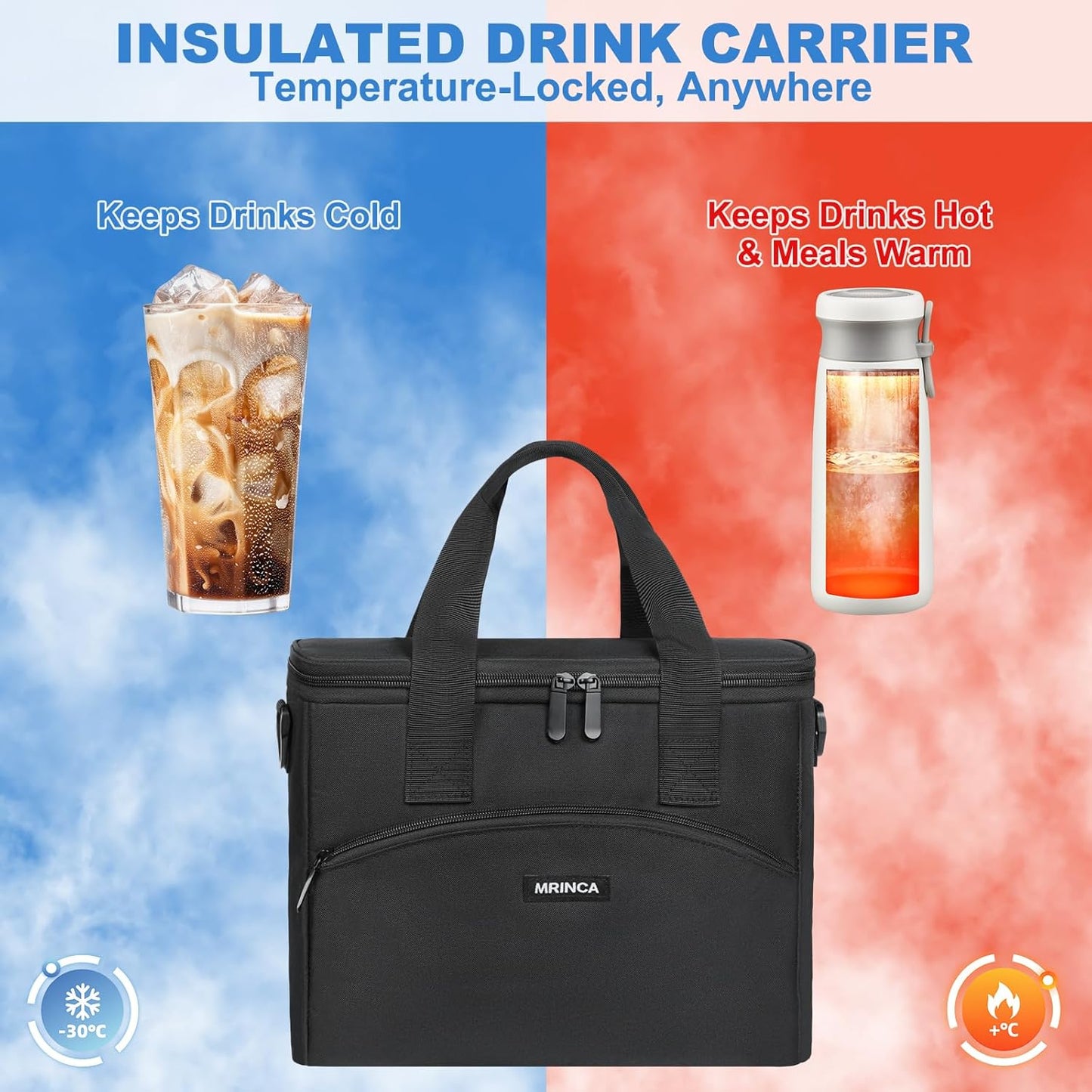Reusable 3 Cup Insulated Drink Carrier with Handle | Collapsible beverage bag, no-spill base, adjustable divider, luggage strap, portable caddy for delivery, car, travel