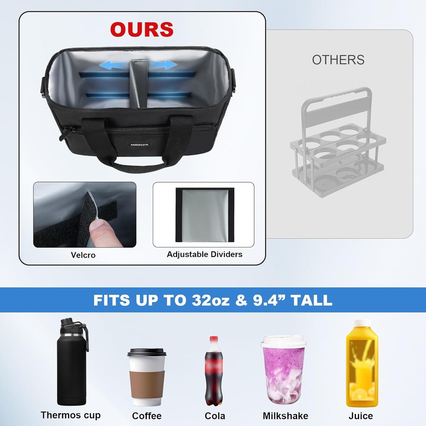 Reusable 3 Cup Insulated Drink Carrier with Handle | Collapsible beverage bag, no-spill base, adjustable divider, luggage strap, portable caddy for delivery, car, travel