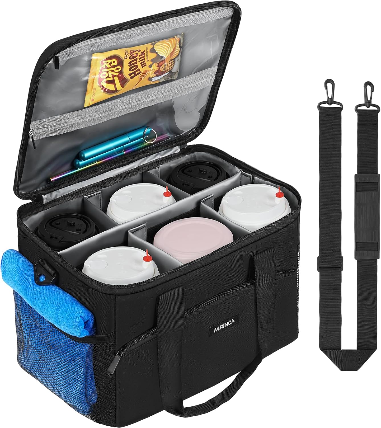 Reusable 3 Cup Insulated Drink Carrier with Handle | Collapsible beverage bag, no-spill base, adjustable divider, luggage strap, portable caddy for delivery, car, travel