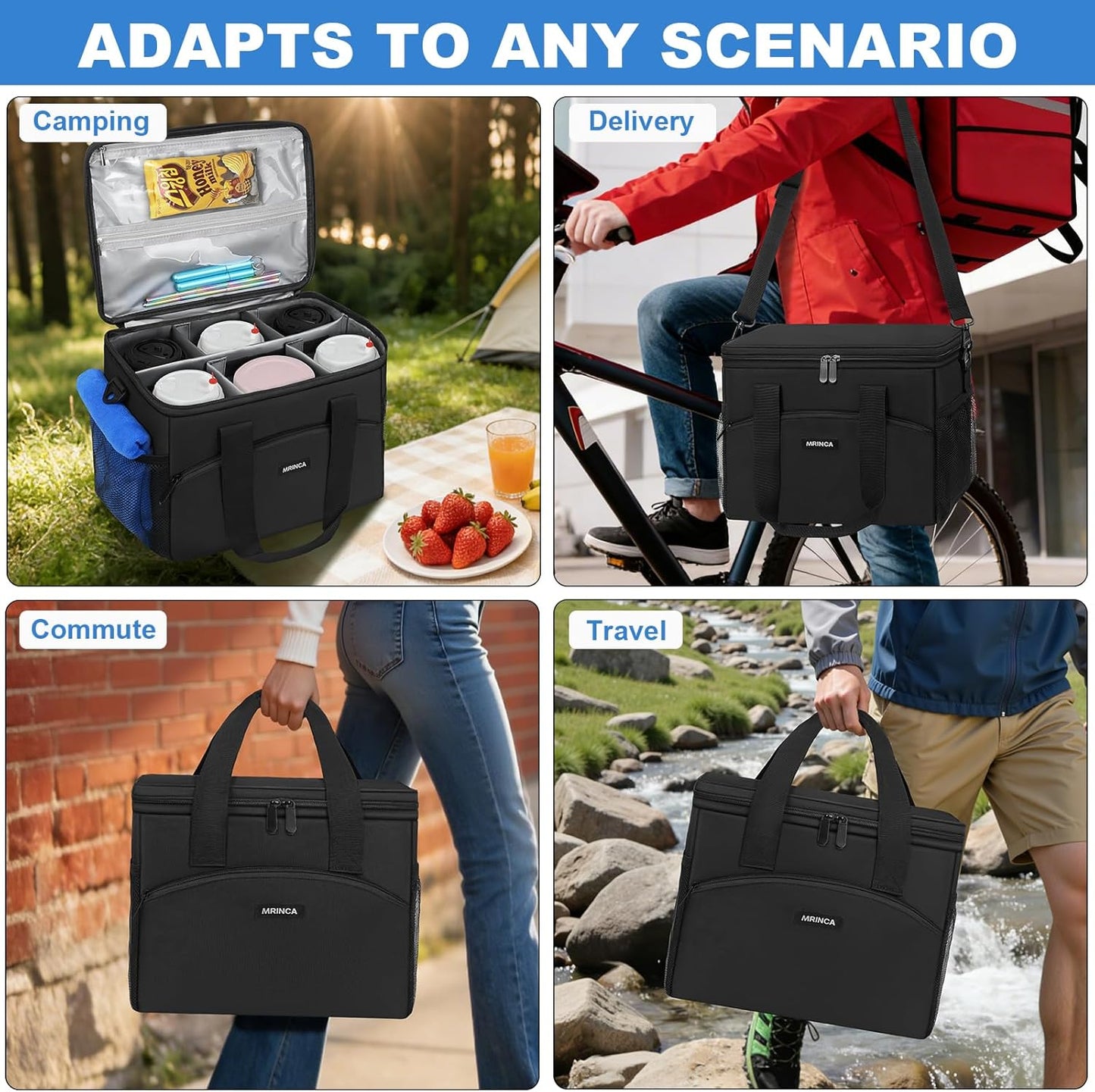 Reusable 3 Cup Insulated Drink Carrier with Handle | Collapsible beverage bag, no-spill base, adjustable divider, luggage strap, portable caddy for delivery, car, travel