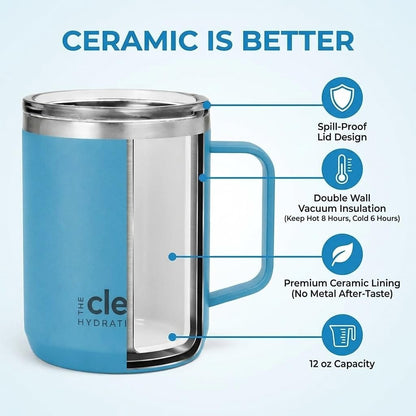 Coffee Mug Travel Mug Insulated 12 Oz | Ceramic Lined Travel Cup with Lid | Reusable Office Mug Double Wall Vacuum Eco-Friendly BPA-Free (Aqua)