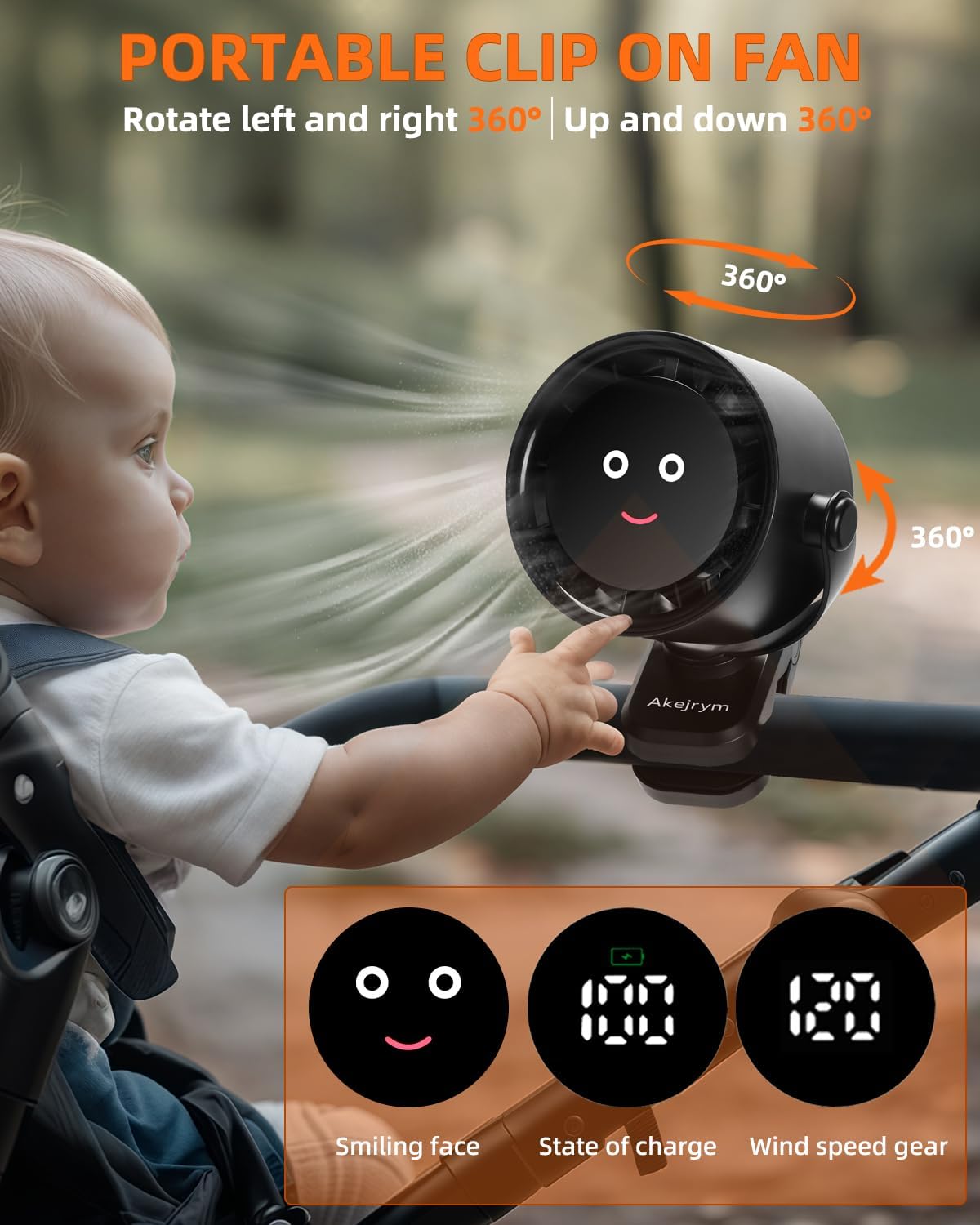 Clip on Fan for Bed, Portable Fan for Travel, 360° Rotate Battery Operated Personal Fan, Digital display, stroller fan with 5 Speeds, For Home Office Stroller Camping - Black