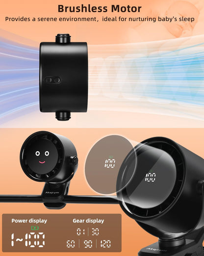 Clip on Fan for Bed, Portable Fan for Travel, 360° Rotate Battery Operated Personal Fan, Digital display, stroller fan with 5 Speeds, For Home Office Stroller Camping - Black