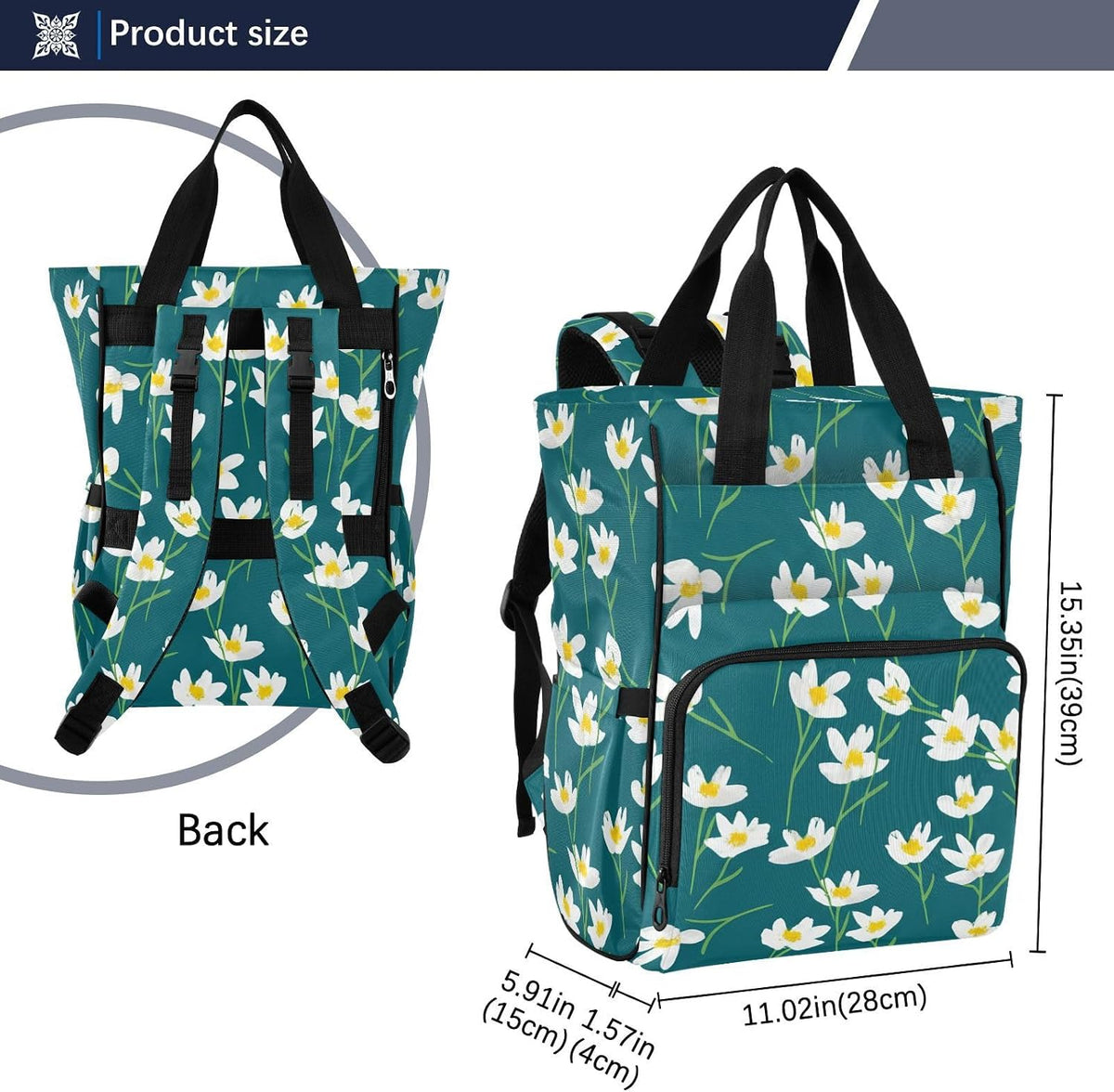 Diaper Bag Backpack, Multifunction Travel Bag for Moms Dads, Baby Changing Bag with Insulted Pockets, Stroller Straps and Side Bottle Pockets Simple Floral Pattern