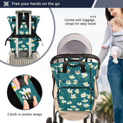Diaper Bag Backpack, Multifunction Travel Bag for Moms Dads, Baby Changing Bag with Insulted Pockets, Stroller Straps and Side Bottle Pockets Simple Floral Pattern