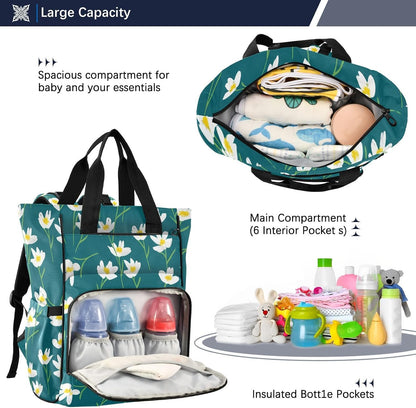 Diaper Bag Backpack, Multifunction Travel Bag for Moms Dads, Baby Changing Bag with Insulted Pockets, Stroller Straps and Side Bottle Pockets Simple Floral Pattern