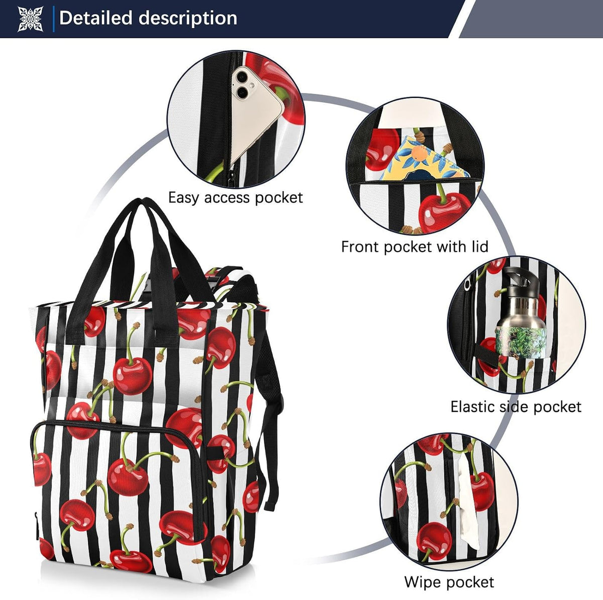 Diaper Bag Backpack, Multifunction Travel Bag for Moms Dads, Baby Changing Bag with Insulted Pockets, Stroller Straps and Side Bottle Pockets Botanical Cherry Pattern