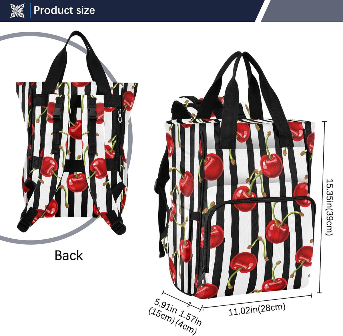 Diaper Bag Backpack, Multifunction Travel Bag for Moms Dads, Baby Changing Bag with Insulted Pockets, Stroller Straps and Side Bottle Pockets Botanical Cherry Pattern