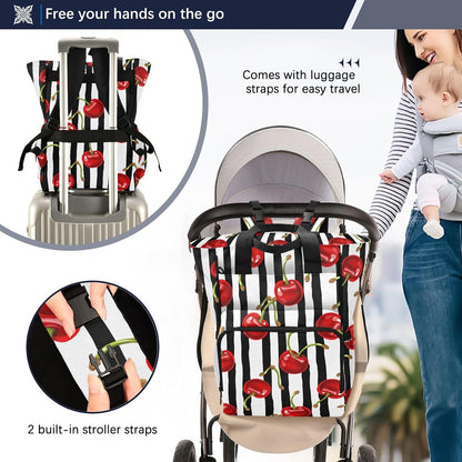 Diaper Bag Backpack, Multifunction Travel Bag for Moms Dads, Baby Changing Bag with Insulted Pockets, Stroller Straps and Side Bottle Pockets Botanical Cherry Pattern