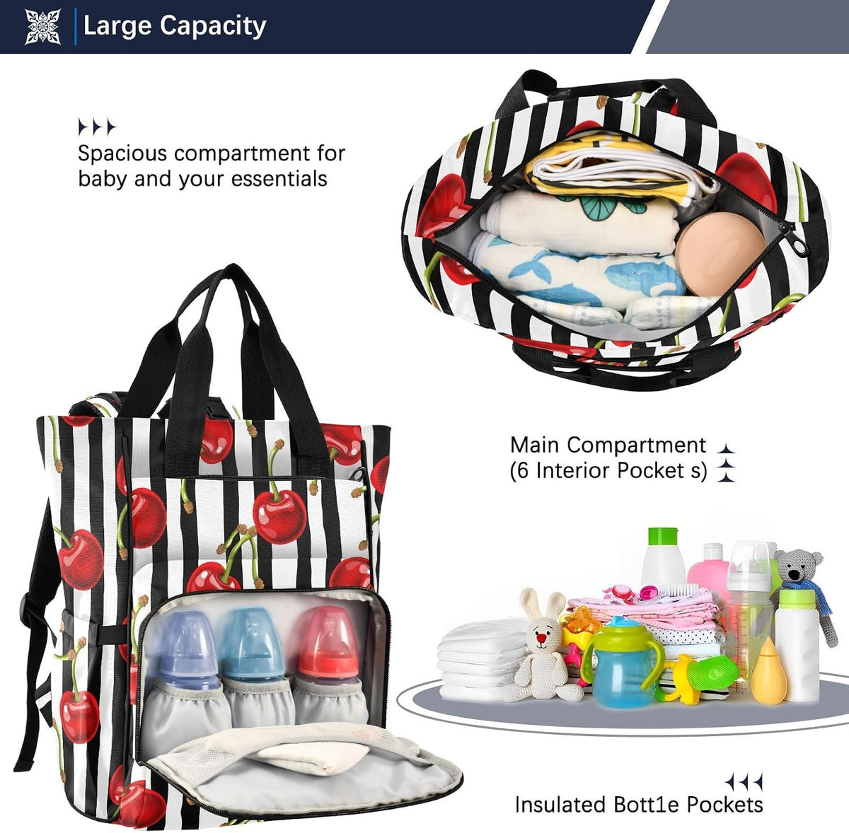 Diaper Bag Backpack, Multifunction Travel Bag for Moms Dads, Baby Changing Bag with Insulted Pockets, Stroller Straps and Side Bottle Pockets Botanical Cherry Pattern