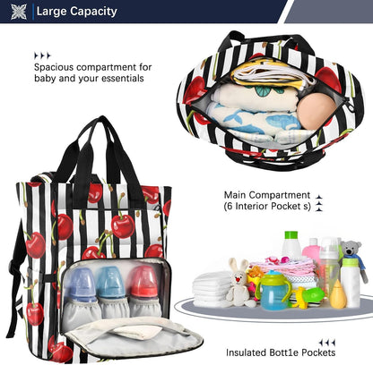 Diaper Bag Backpack, Multifunction Travel Bag for Moms Dads, Baby Changing Bag with Insulted Pockets, Stroller Straps and Side Bottle Pockets Botanical Cherry Pattern