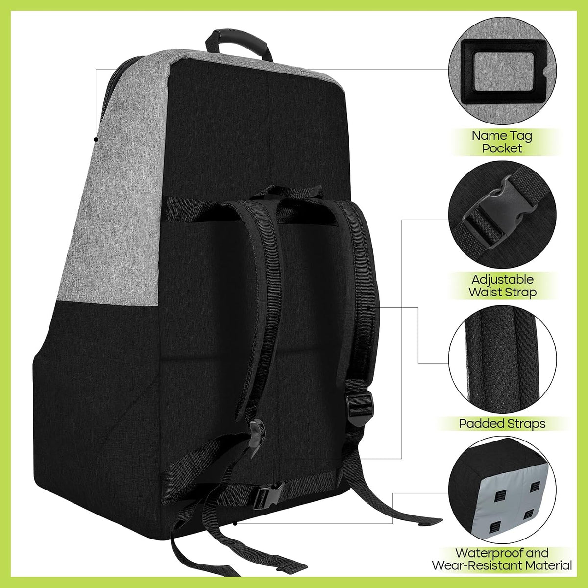 Padded Car Seat Travel Bag for Airplane, Heavy Duty Backpack for Air Travel, Water-Resistant Carrier with Shoulder Strap, Fits Most Car Seats (Black)