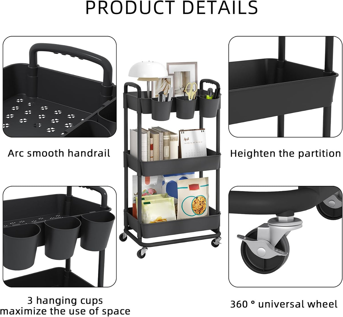 4-Tier Plastic Rolling Storage Cart Utility Cart White