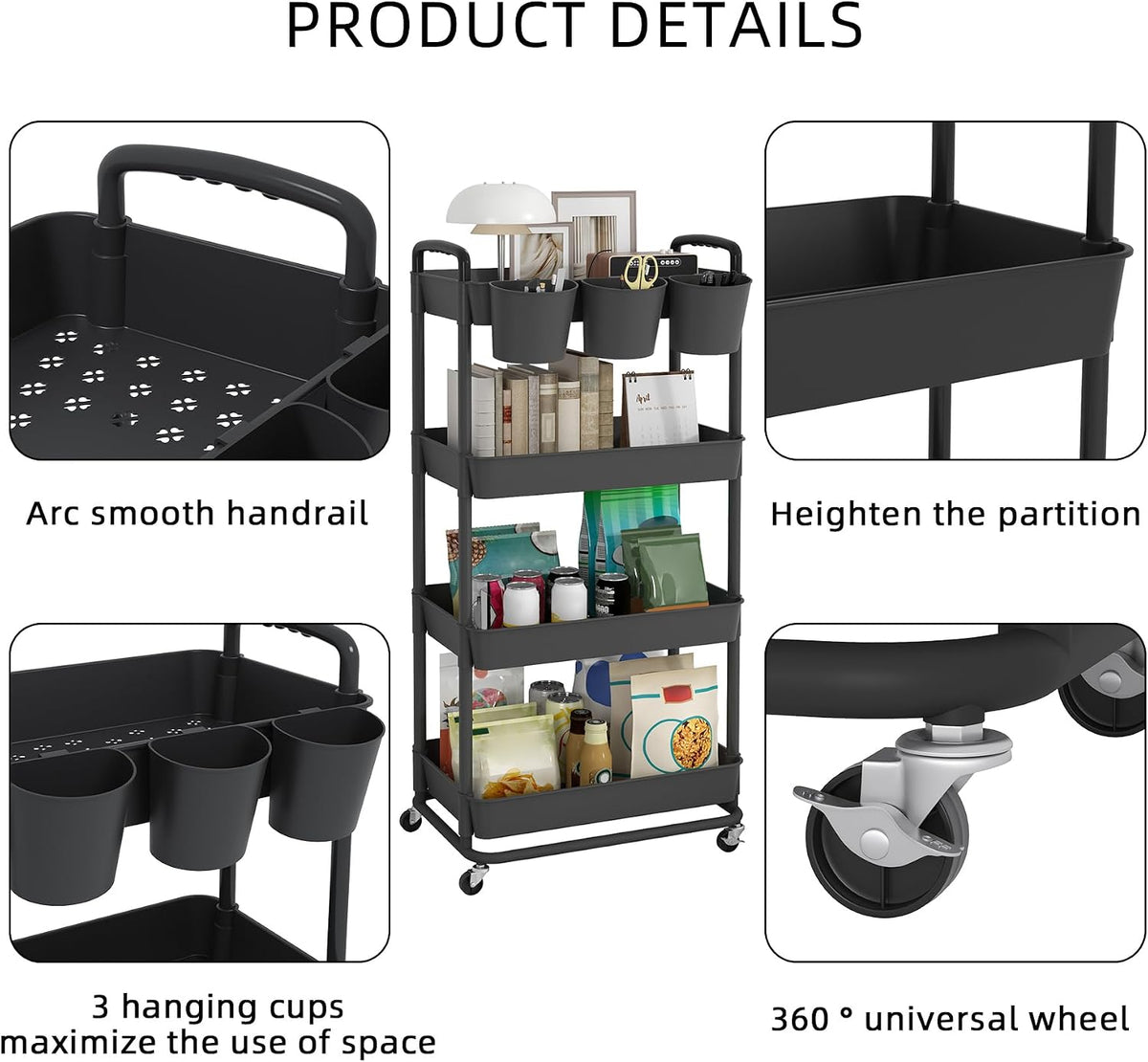 4-Tier Plastic Rolling Storage Cart Utility Cart White