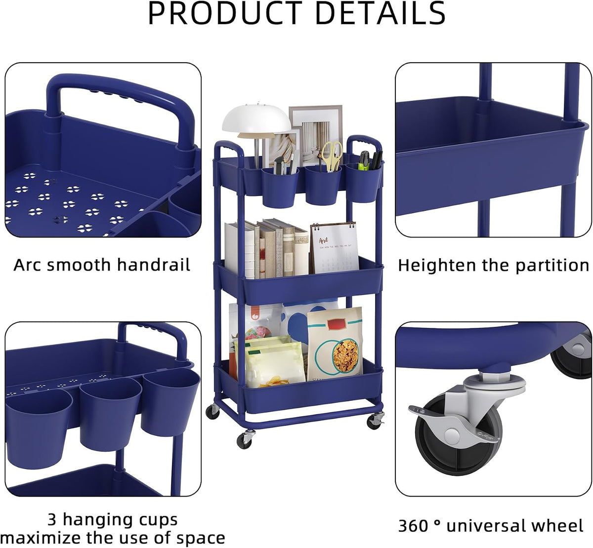 4-Tier Plastic Rolling Storage Cart Utility Cart White