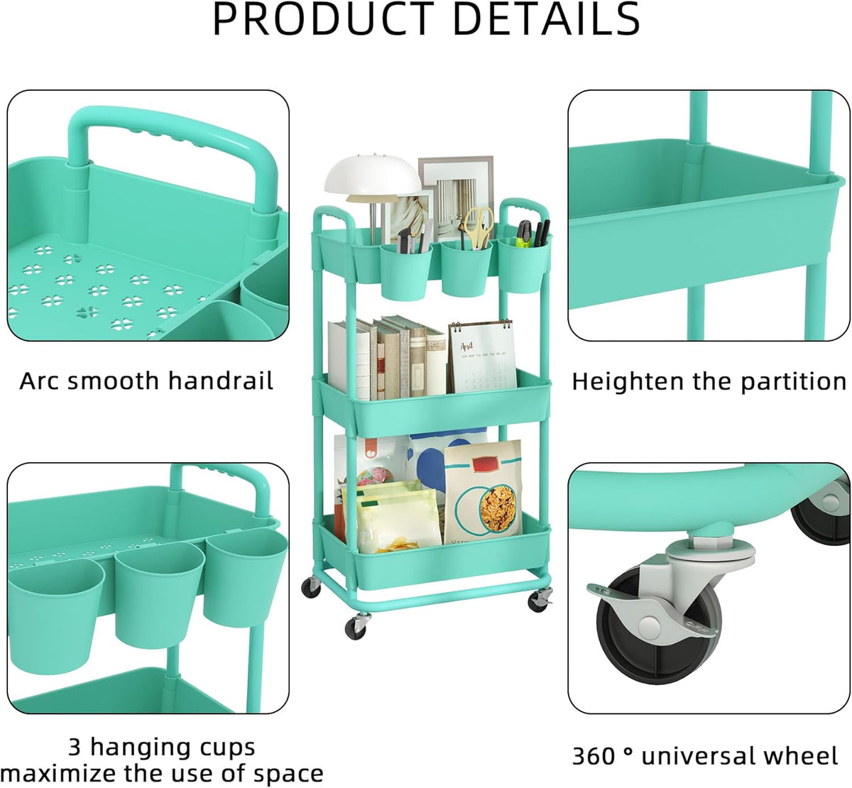 4-Tier Plastic Rolling Storage Cart Utility Cart White