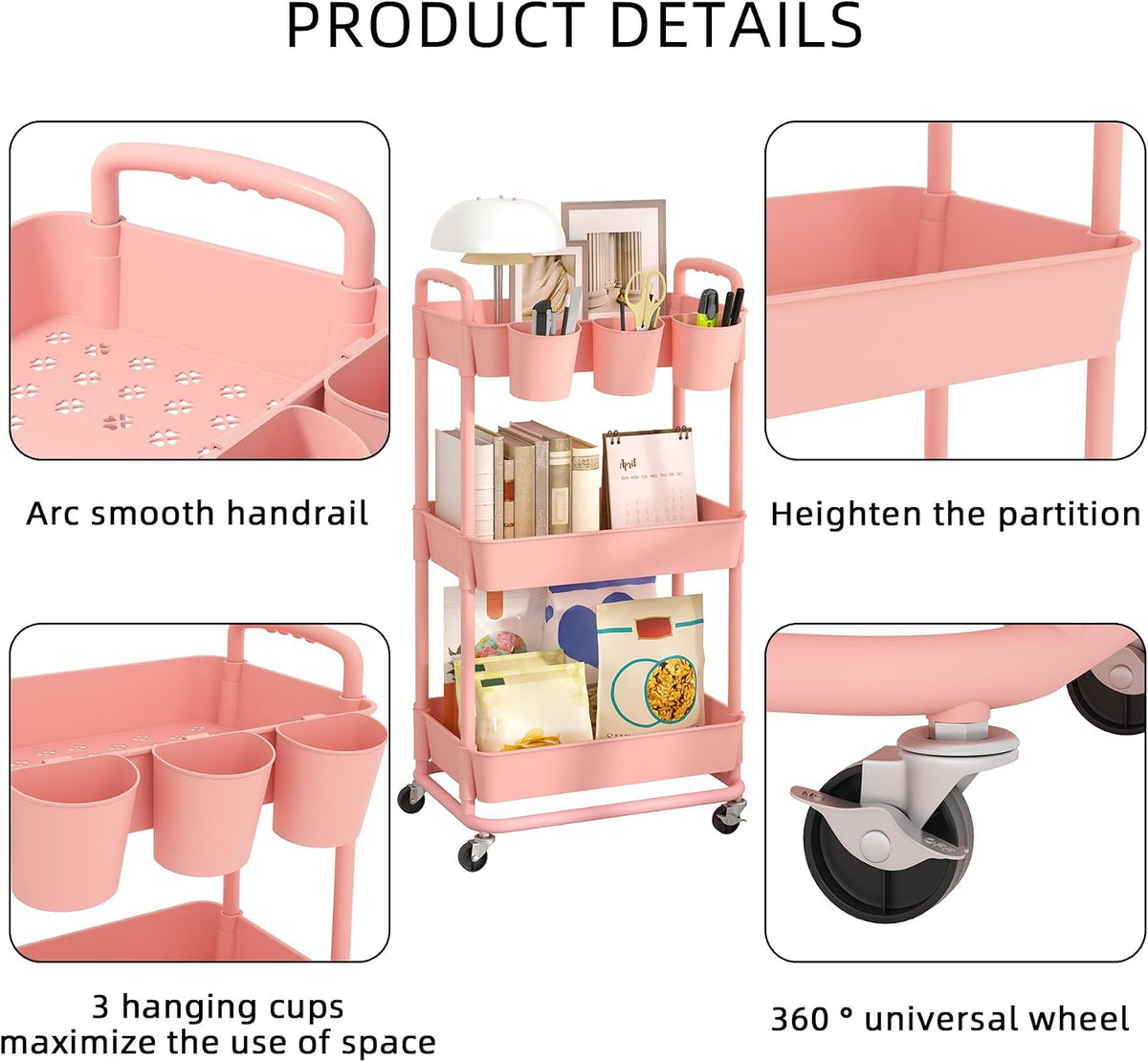 4-Tier Plastic Rolling Storage Cart Utility Cart White