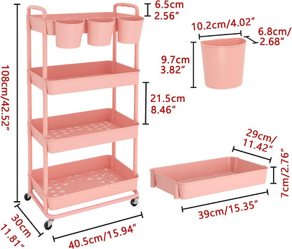 4-Tier Plastic Rolling Storage Cart Utility Cart White