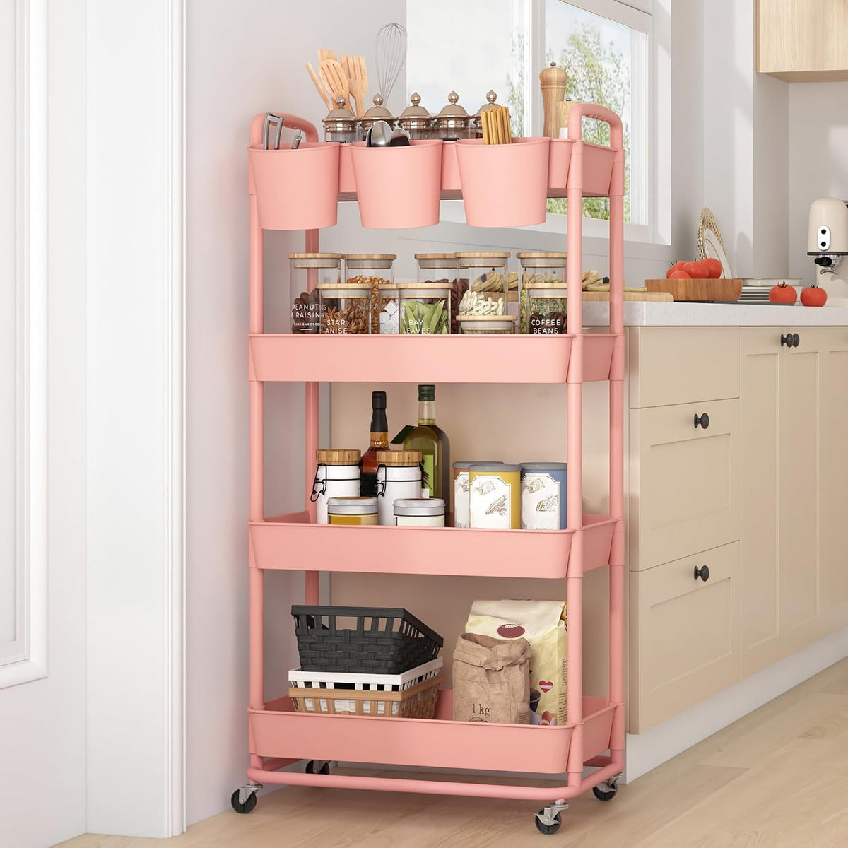 4-Tier Plastic Rolling Storage Cart Utility Cart White