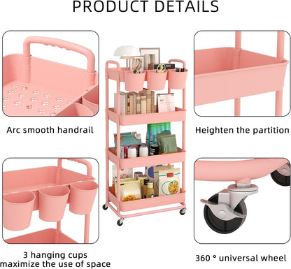 4-Tier Plastic Rolling Storage Cart Utility Cart White