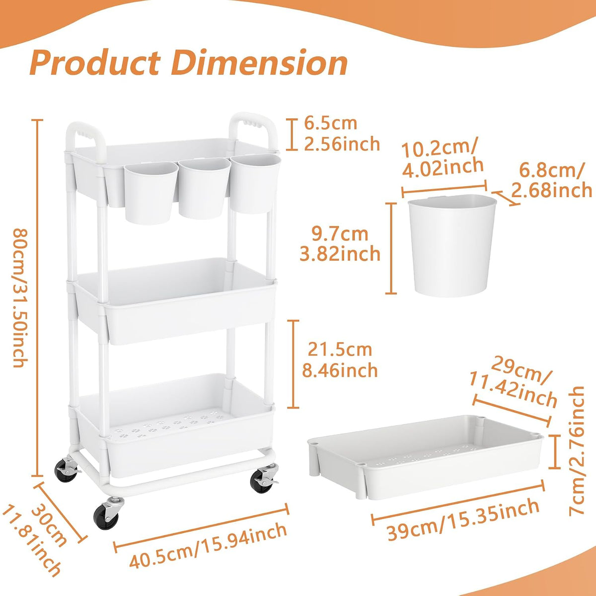 4-Tier Plastic Rolling Storage Cart Utility Cart White