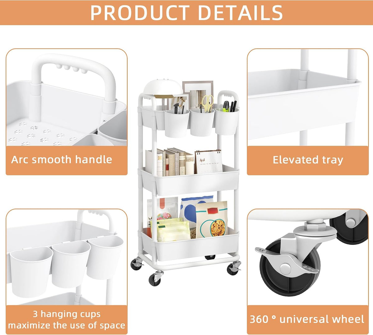 4-Tier Plastic Rolling Storage Cart Utility Cart White