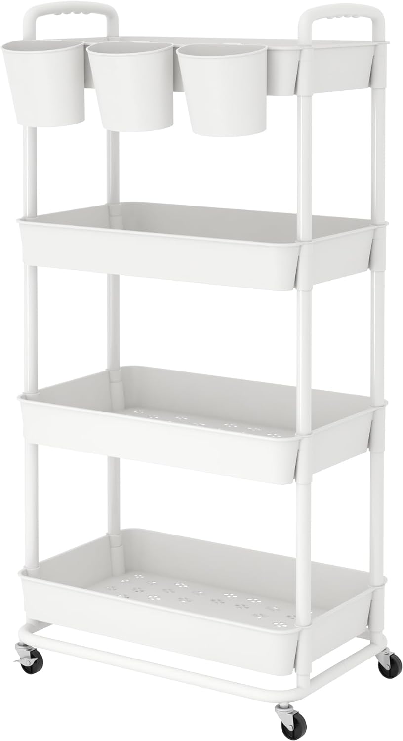 4-Tier Plastic Rolling Storage Cart Utility Cart White