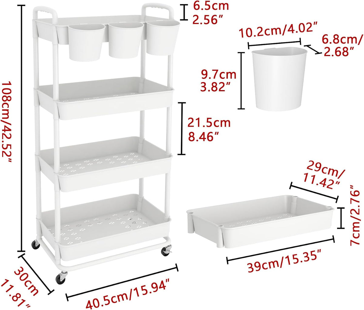4-Tier Plastic Rolling Storage Cart Utility Cart White