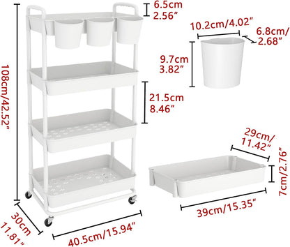 4-Tier Plastic Rolling Storage Cart Utility Cart White