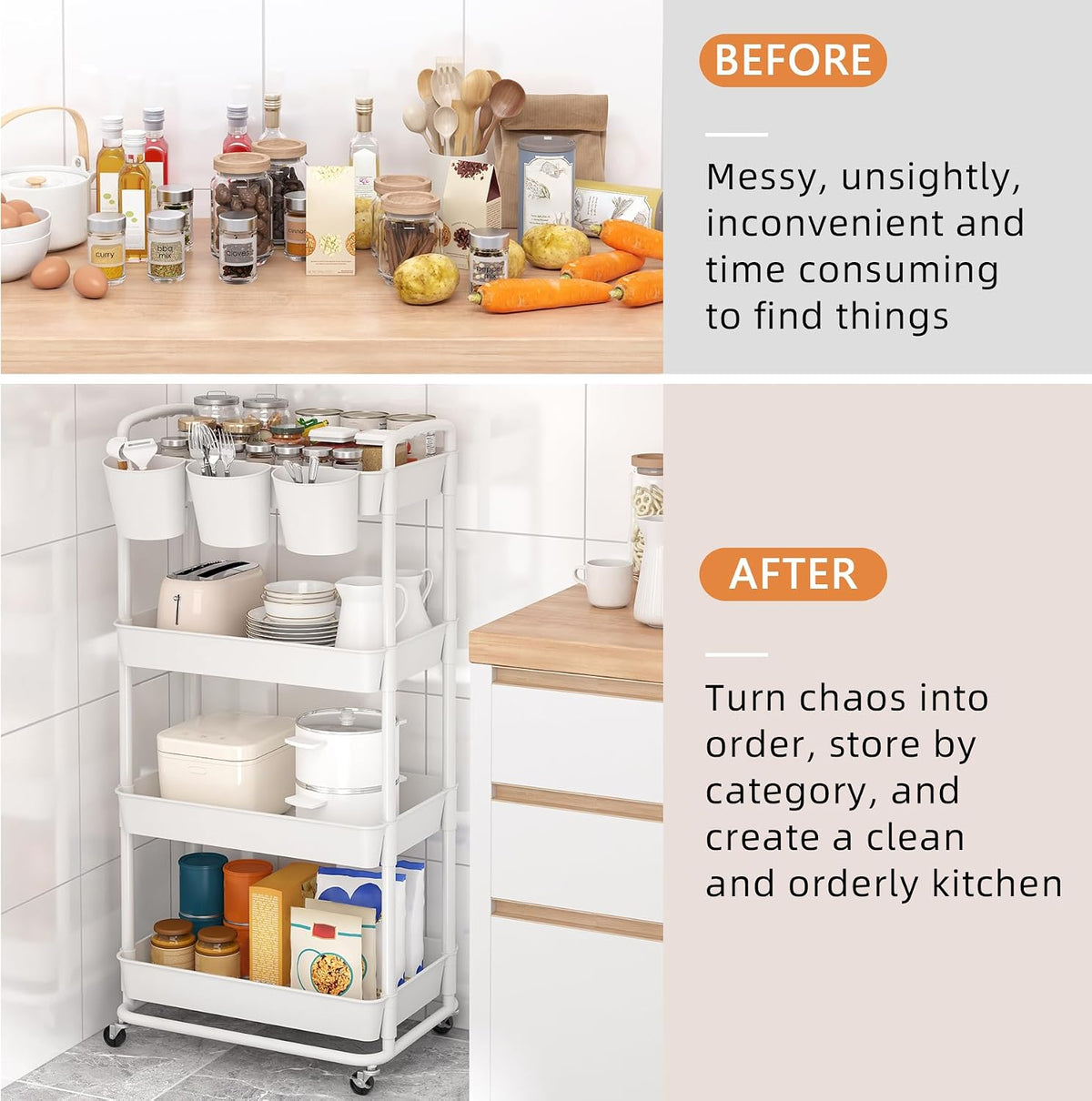 4-Tier Plastic Rolling Storage Cart Utility Cart White