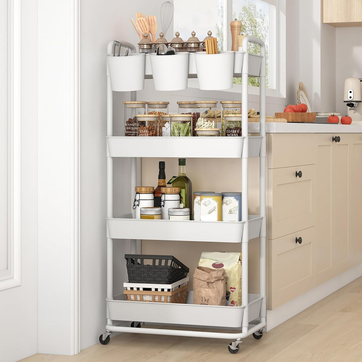 4-Tier Plastic Rolling Storage Cart Utility Cart White