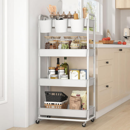 4-Tier Plastic Rolling Storage Cart Utility Cart White