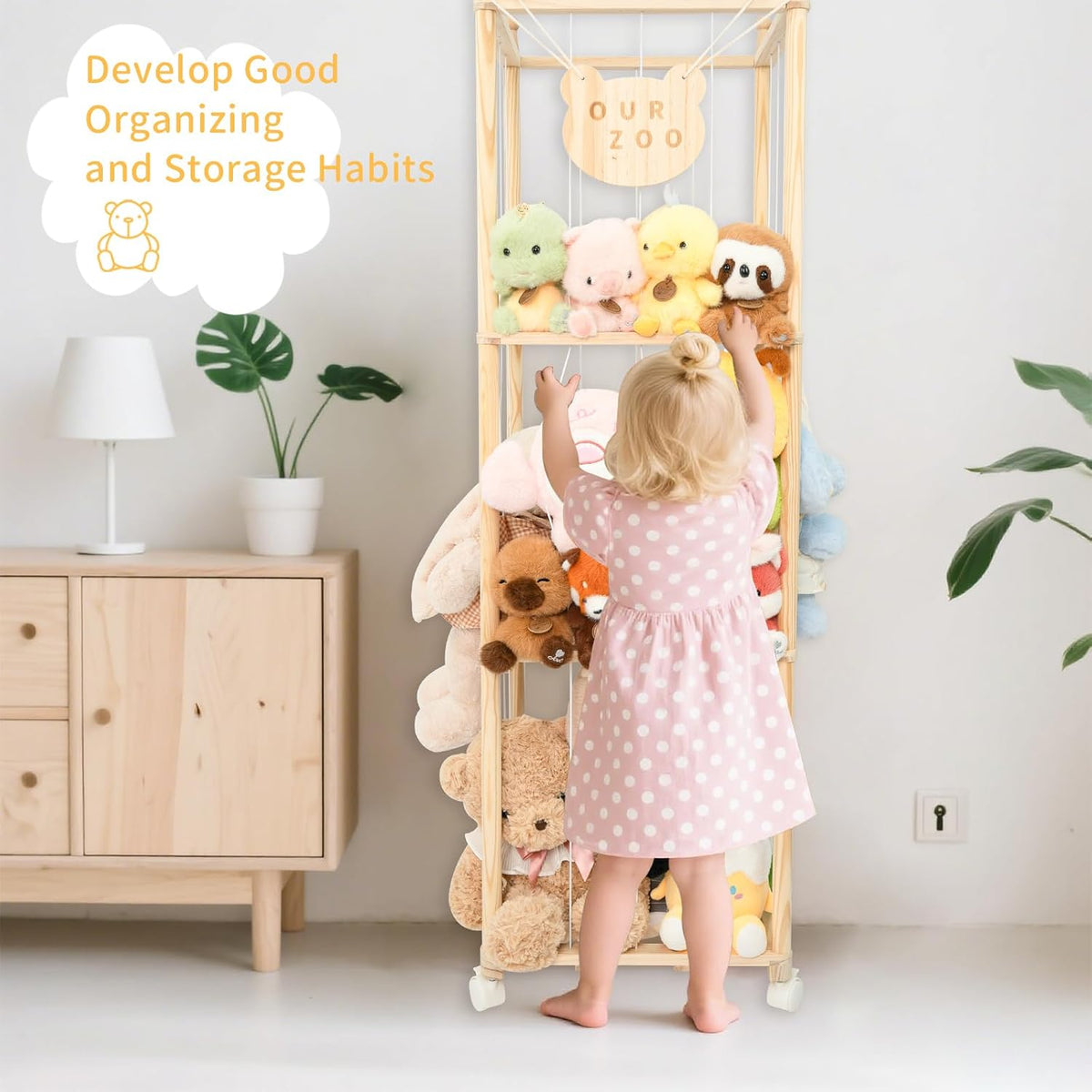 Stuffed Animal Storage Zoo Organizer – Tall Wooden Tower Holder for Large Plush Toys – Vertical Space Saving Cage Display – Kids Playroom Nursery Bedroom Toy Organization Solution