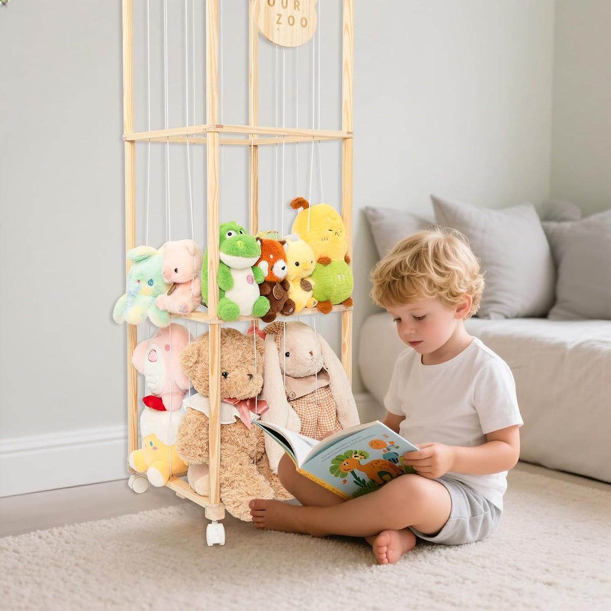 Stuffed Animal Storage Zoo Organizer – Tall Wooden Tower Holder for Large Plush Toys – Vertical Space Saving Cage Display – Kids Playroom Nursery Bedroom Toy Organization Solution