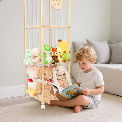 Stuffed Animal Storage Zoo Organizer – Tall Wooden Tower Holder for Large Plush Toys – Vertical Space Saving Cage Display – Kids Playroom Nursery Bedroom Toy Organization Solution