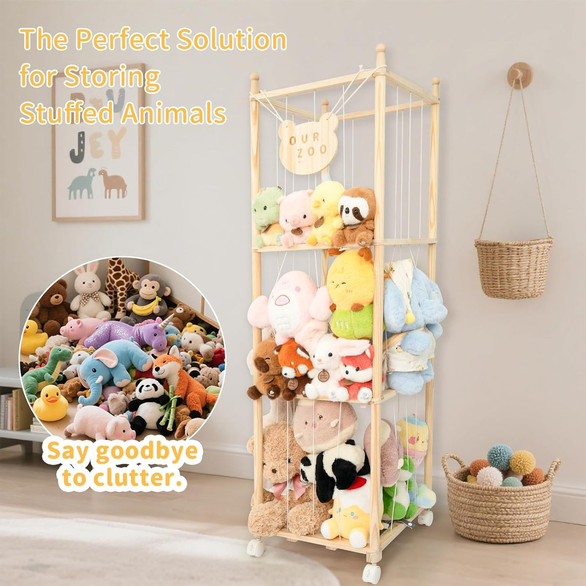 Stuffed Animal Storage Zoo Organizer – Tall Wooden Tower Holder for Large Plush Toys – Vertical Space Saving Cage Display – Kids Playroom Nursery Bedroom Toy Organization Solution