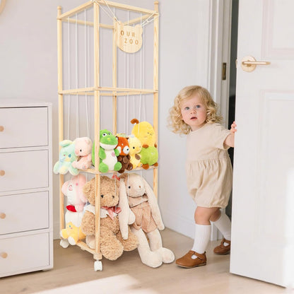 Stuffed Animal Storage Zoo Organizer – Tall Wooden Tower Holder for Large Plush Toys – Vertical Space Saving Cage Display – Kids Playroom Nursery Bedroom Toy Organization Solution