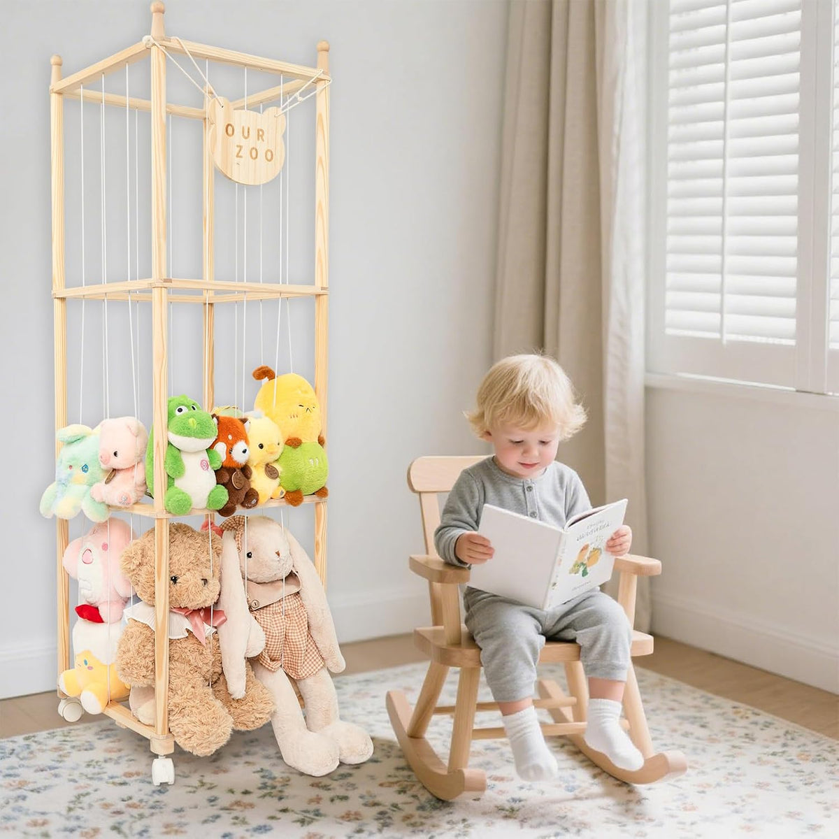 Stuffed Animal Storage Zoo Organizer – Tall Wooden Tower Holder for Large Plush Toys – Vertical Space Saving Cage Display – Kids Playroom Nursery Bedroom Toy Organization Solution