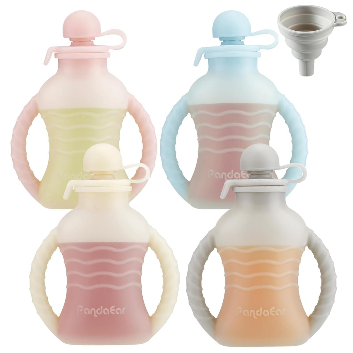 4 Pack Reusable Baby Food Pouches with Double Handles, Silicone Portable Pouches for Toddlers, Refillable 4oz Food Storage Bags for Puree, Yogurt, Smoothies - Includes Collapsible Funnel