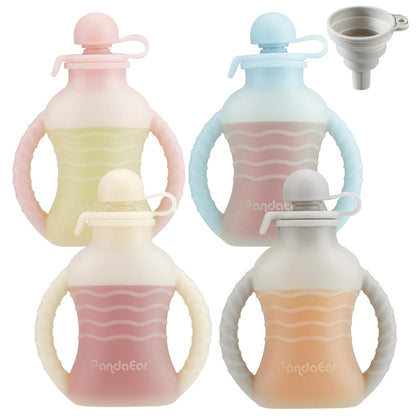4 Pack Reusable Baby Food Pouches with Double Handles, Silicone Portable Pouches for Toddlers, Refillable 4oz Food Storage Bags for Puree, Yogurt, Smoothies - Includes Collapsible Funnel