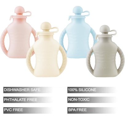 4 Pack Reusable Baby Food Pouches with Double Handles, Silicone Portable Pouches for Toddlers, Refillable 4oz Food Storage Bags for Puree, Yogurt, Smoothies - Includes Collapsible Funnel